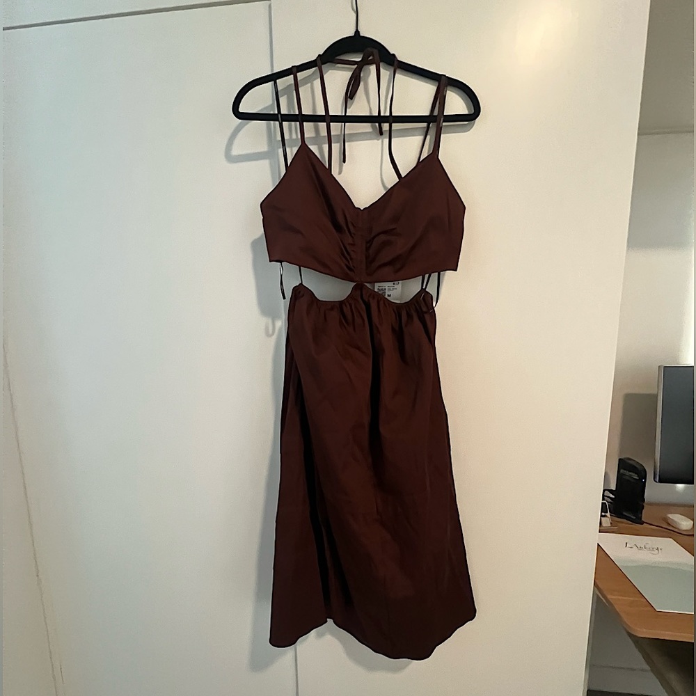 Brown cutout fit and flare midi dress